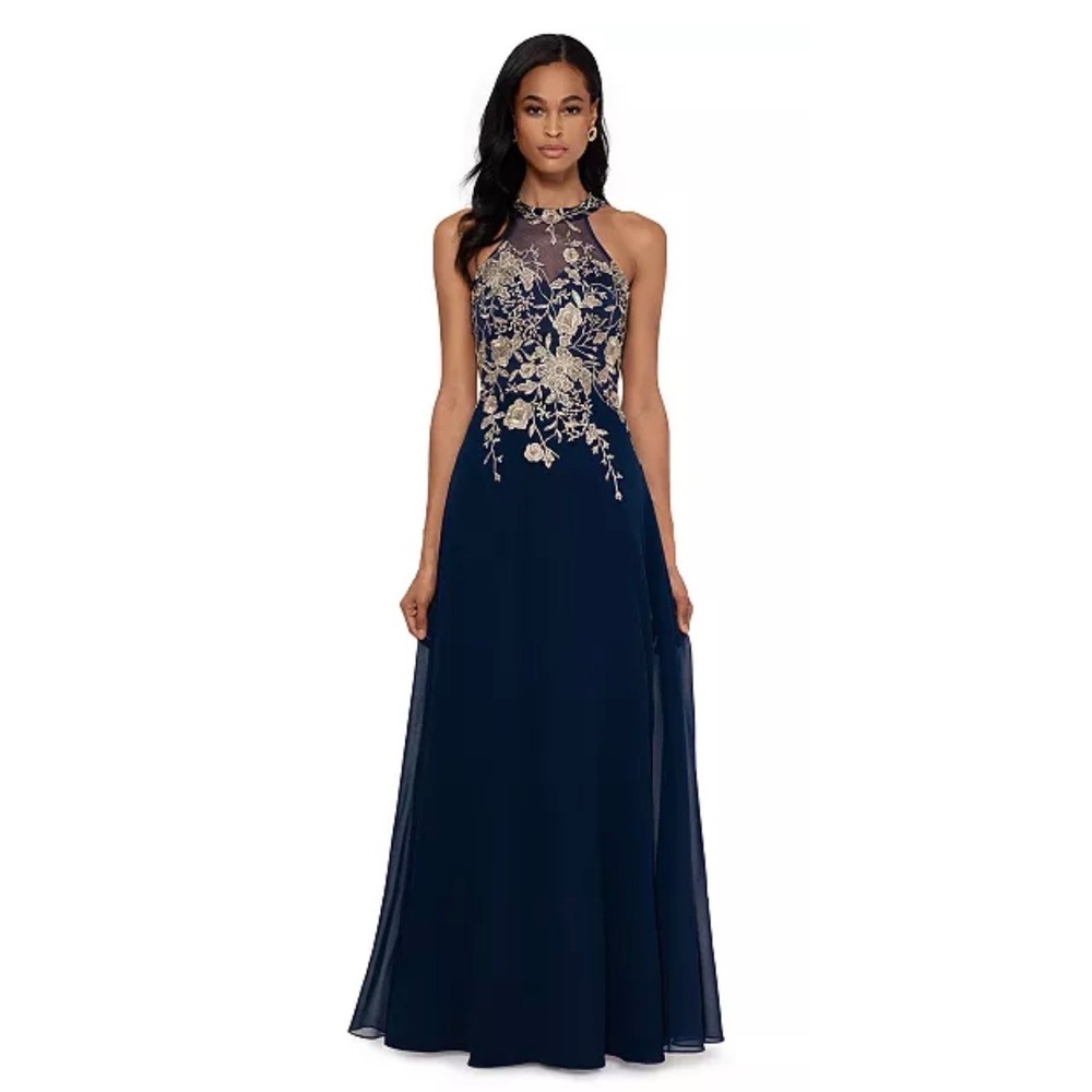Betsy & Adam Navy Gold Floral Embroidered Halter Gown A23004 Size 12 NEW